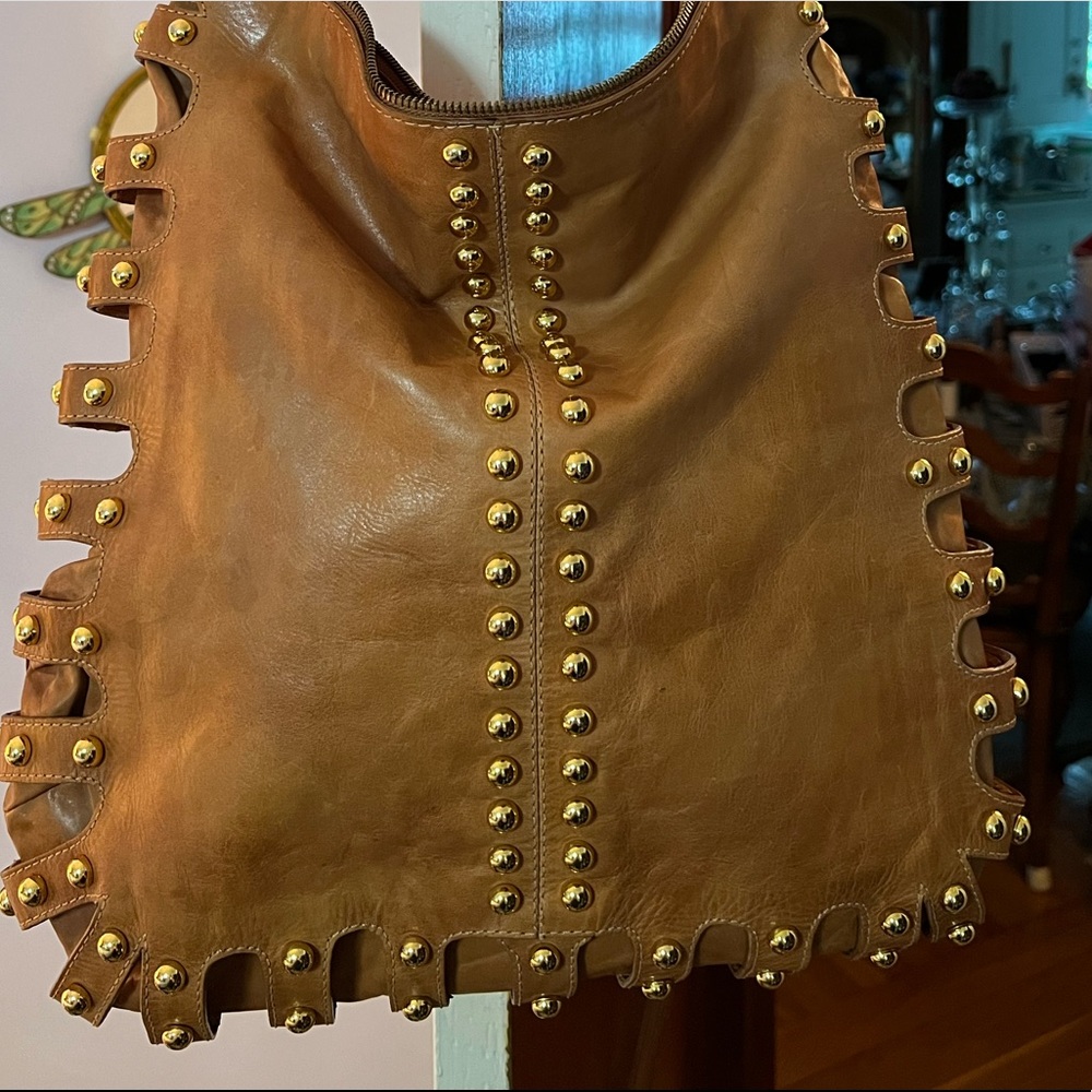 zippered shoulder bag Tan leather with 12 karat gold  plated studs and hardware!